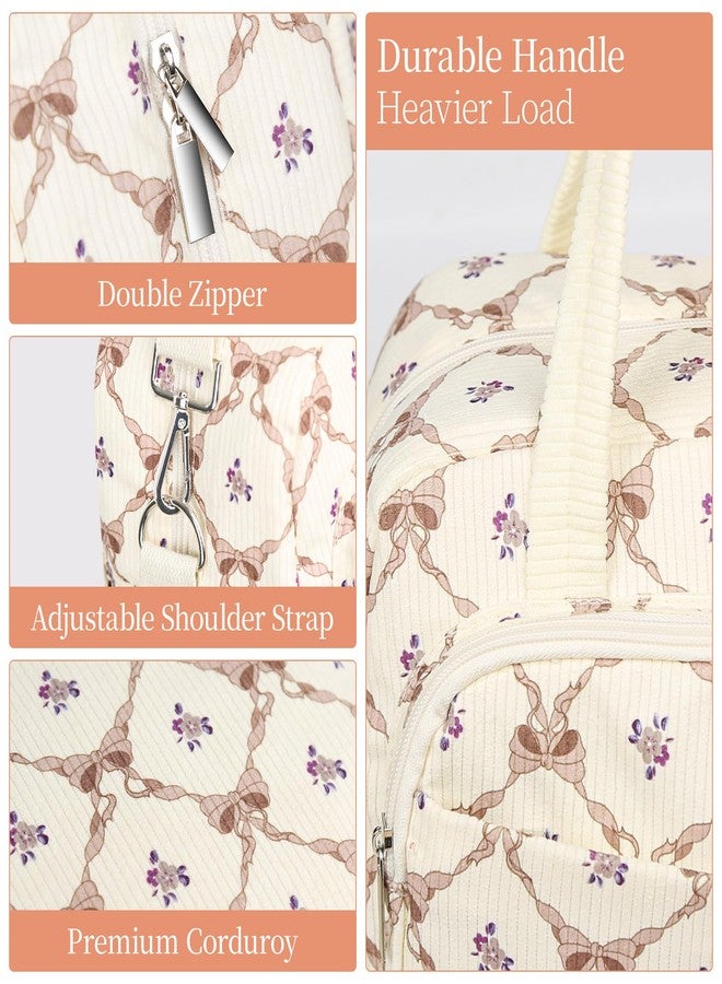 WOBAGMEN Lunch Box for Women,Insulated bow&flower Corduroy Lunch Tote Cute Lunch bag with Shoulder Strap, Multiple Pockets, Adult Teacher Nurse Bento Lunch Box for Women for work Picnic - Image 5